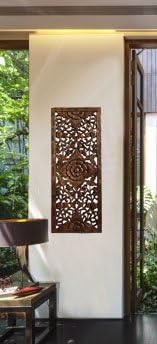 Lotus Carved Teak Wood Wall Art Panel. Asian Inspired Home Decor. Wood Carved Floral Wall Hanging. Size 35.5"x13.5" (Dark Brown)