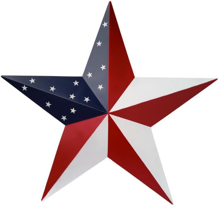 VIVICOMFY 19.4 Inch Patriotic Metal Barn Star Wall Decor,American Pattern Stars Wall Decor, Rustic Primitive Wall Hanging for Indoor Outdoor, Ideal for 4th of July & Farmhouse Decoration