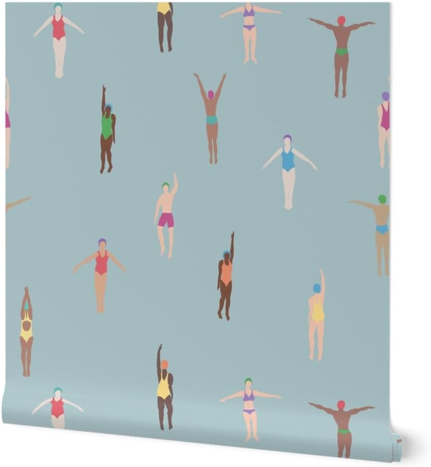 Spoonflower Peel & Stick Wallpaper 3ft x 2ft - Swimming Pool Summer Holiday Swimmers Vacation Aquatic Water Sea Ocean Blue Bathing Suit Custom Removable Wallpaper