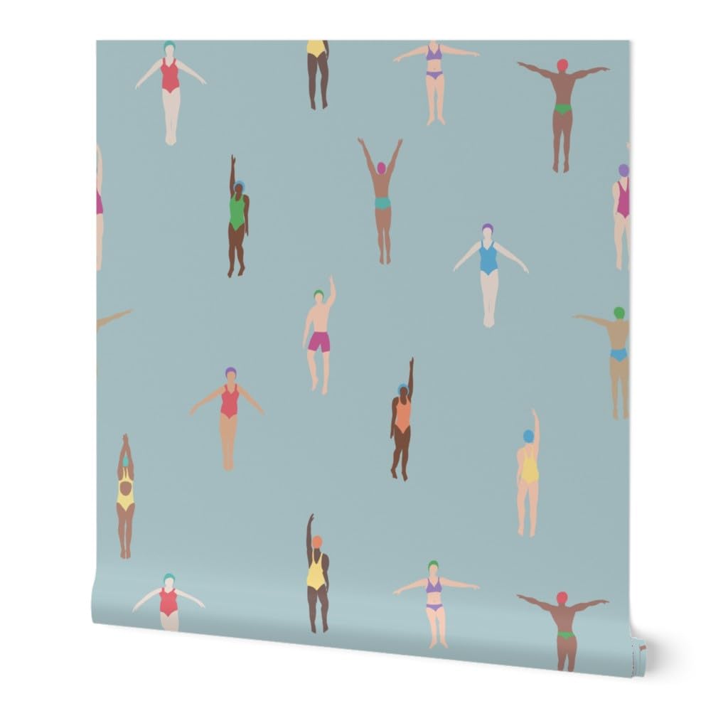 Spoonflower Peel & Stick Wallpaper 3ft x 2ft - Swimming Pool Summer Holiday Swimmers Vacation Aquatic Water Sea Ocean Blue Bathing Suit Custom Removable Wallpaper