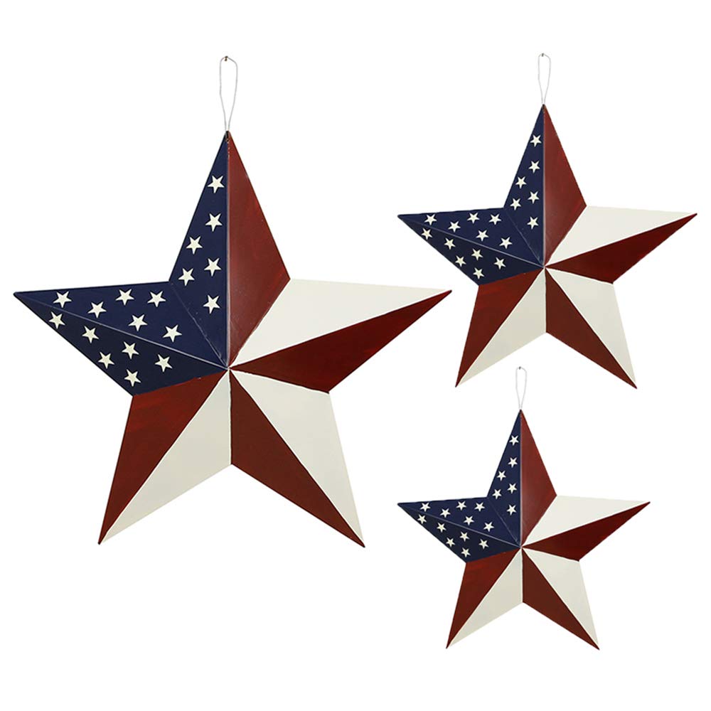 3pcs Patriotic Metal Barn Star Outdoor Indoor Hanging Wall Decor Ameriacn Star Ornaments 4th of July Decoration for 4th July Election Veterans Day Decoration