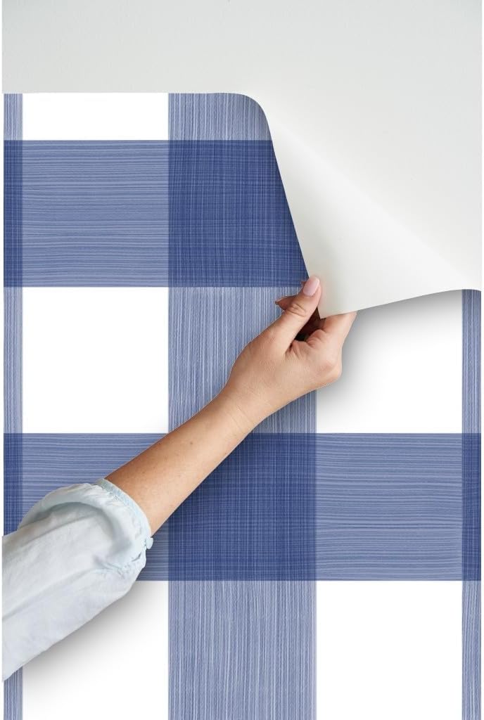 Peel & Stick Wallpaper 12ft x 2ft - Navy Buffalo Plaid Check Gingham Blue White Painted Large Custom Removable Wallpaper by Spoonflower