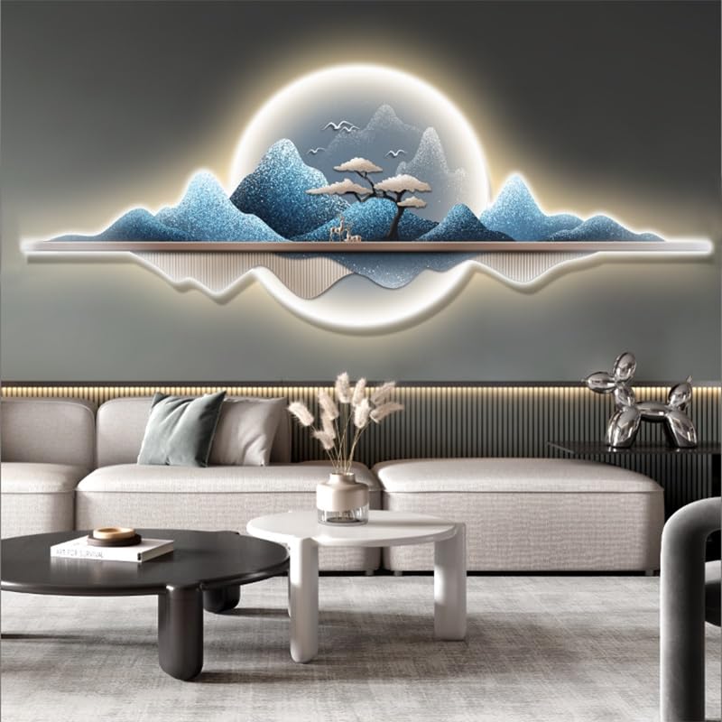 wihgony 3D LED Mountain Wall Art, Modern Luxury Chinese Style Wall Decor, Crystal Porcelain Frameless 3D Wall Sculpture with LED Light for Living Room Bedroom(E,150 * 50cm/59.1 * 19.7in)