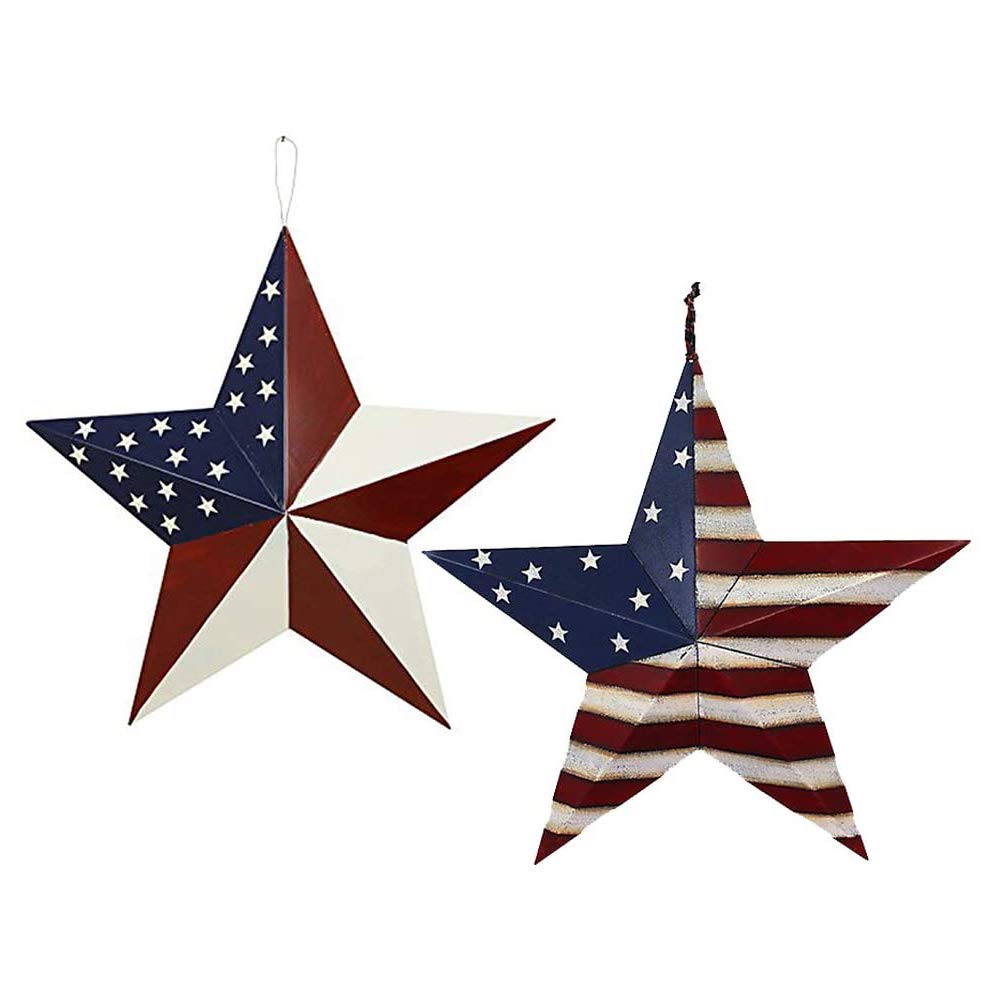 Metal Barn Star Set Patriotic Home Decor Primitive Indoor Outdoor Wall Art 2 Pcs Rustic Hanging Stars Decorations for Walls Fence Porch House July of 4th Decoration (16.5"-a)