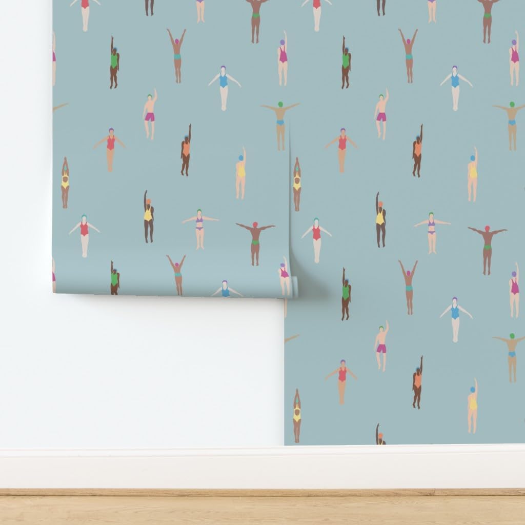 Spoonflower Peel & Stick Wallpaper 3ft x 2ft - Swimming Pool Summer Holiday Swimmers Vacation Aquatic Water Sea Ocean Blue Bathing Suit Custom Removable Wallpaper