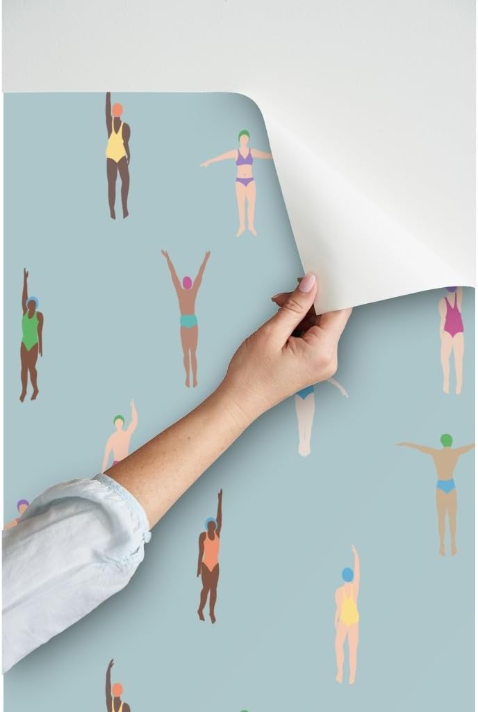 Spoonflower Peel & Stick Wallpaper 3ft x 2ft - Swimming Pool Summer Holiday Swimmers Vacation Aquatic Water Sea Ocean Blue Bathing Suit Custom Removable Wallpaper