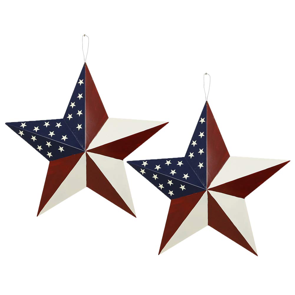 Metal Barn Star Set Patriotic Home Decor Primitive Indoor Outdoor Wall Art 2 Pcs Rustic Hanging Stars Decorations for Walls Fence Porch House July of 4th Decoration (16.5"-a)