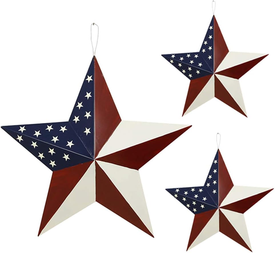 3pcs Patriotic Metal Barn Star Outdoor Indoor Hanging Wall Decor Ameriacn Star Ornaments 4th of July Decoration for 4th July Election Veterans Day Decoration