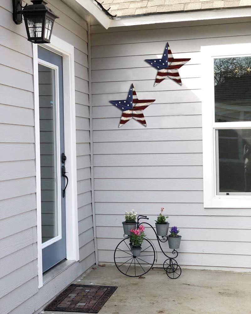 Metal Barn Star Set Patriotic Home Decor Primitive Indoor Outdoor Wall Art 2 Pcs Rustic Hanging Stars Decorations for Walls Fence Porch House July of 4th Decoration (16.5"-a)