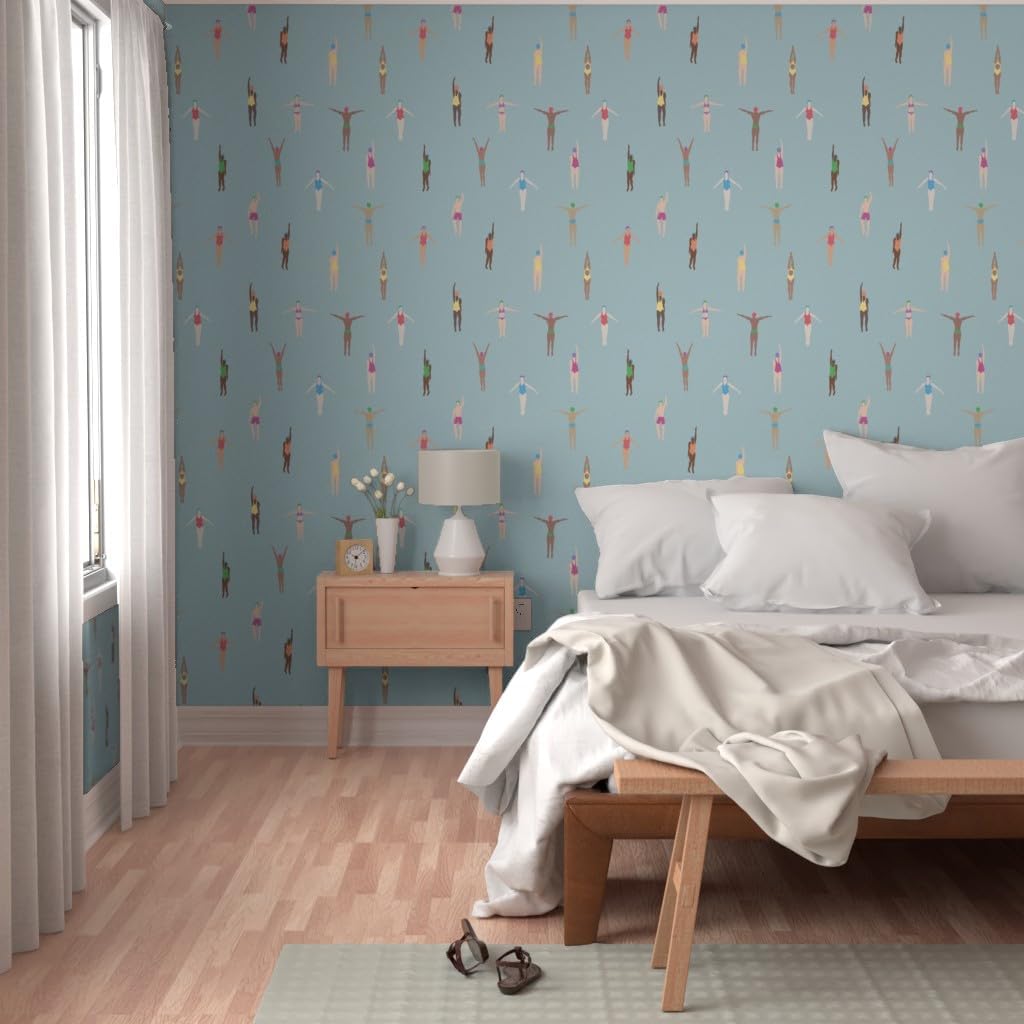 Spoonflower Peel & Stick Wallpaper 3ft x 2ft - Swimming Pool Summer Holiday Swimmers Vacation Aquatic Water Sea Ocean Blue Bathing Suit Custom Removable Wallpaper