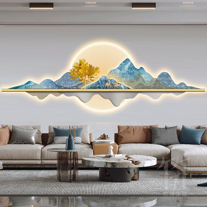 wihgony 3D LED Mountain Wall Art, Modern Luxury Chinese Style Wall Decor, Crystal Porcelain Frameless 3D Wall Sculpture with LED Light for Living Room Bedroom(E,150 * 50cm/59.1 * 19.7in)