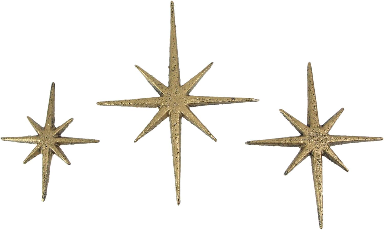 Zeckos Set of 3 Gold Finish Cast Iron 8-Pointed Atomic Starburst Wall Hangings - Mid-Century Modern Elegance - Easy Install - Perfect for Vintage and Eclectic Decor