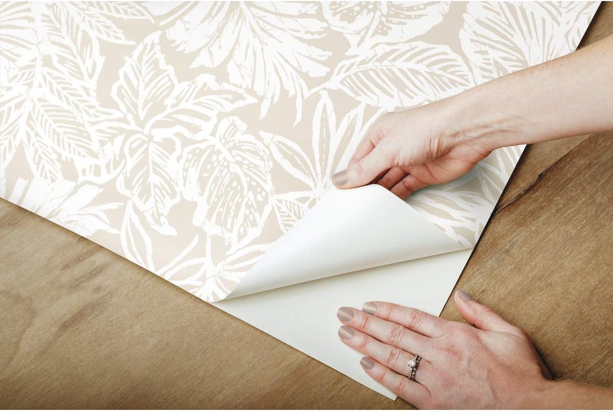 RoomMates RMK11435WP Beige Batik Tropical Leaf Peel and Stick Wallpaper, Roll