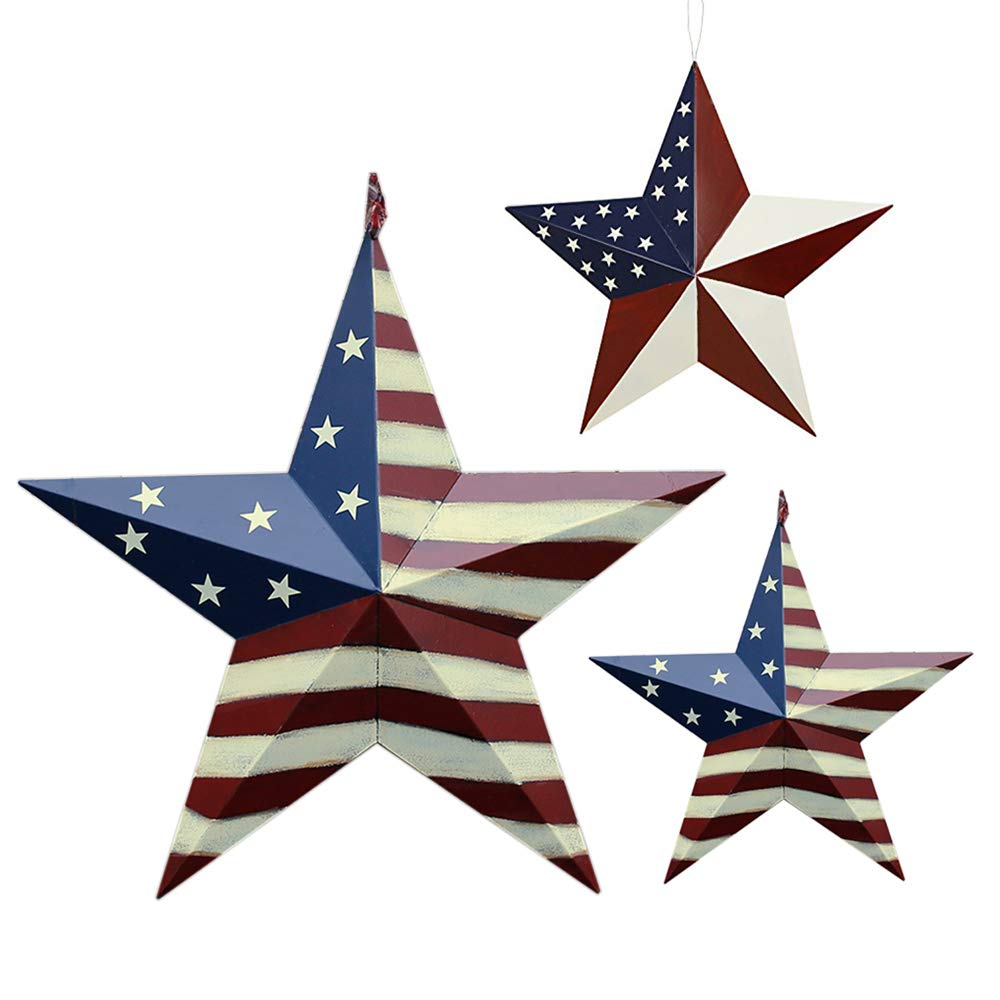3pcs Patriotic Metal Barn Star Outdoor Indoor Hanging Wall Decor Ameriacn Star Ornaments 4th of July Decoration for 4th July Election Veterans Day Decoration