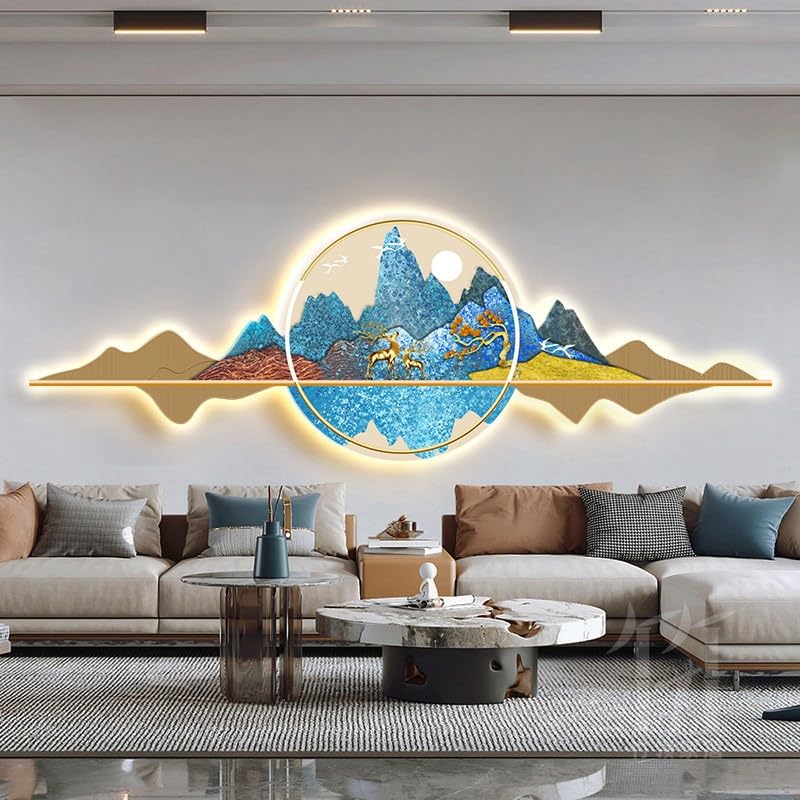 wihgony 3D LED Mountain Wall Art, Modern Luxury Chinese Style Wall Decor, Crystal Porcelain Frameless 3D Wall Sculpture with LED Light for Living Room Bedroom(E,150 * 50cm/59.1 * 19.7in)
