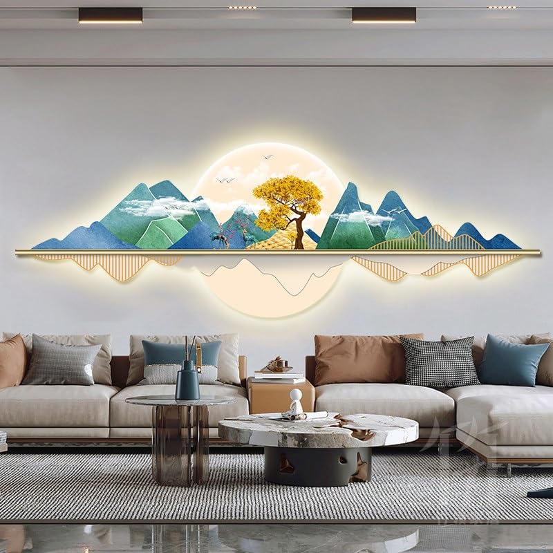 wihgony 3D LED Mountain Wall Art, Modern Luxury Chinese Style Wall Decor, Crystal Porcelain Frameless 3D Wall Sculpture with LED Light for Living Room Bedroom(E,150 * 50cm/59.1 * 19.7in)