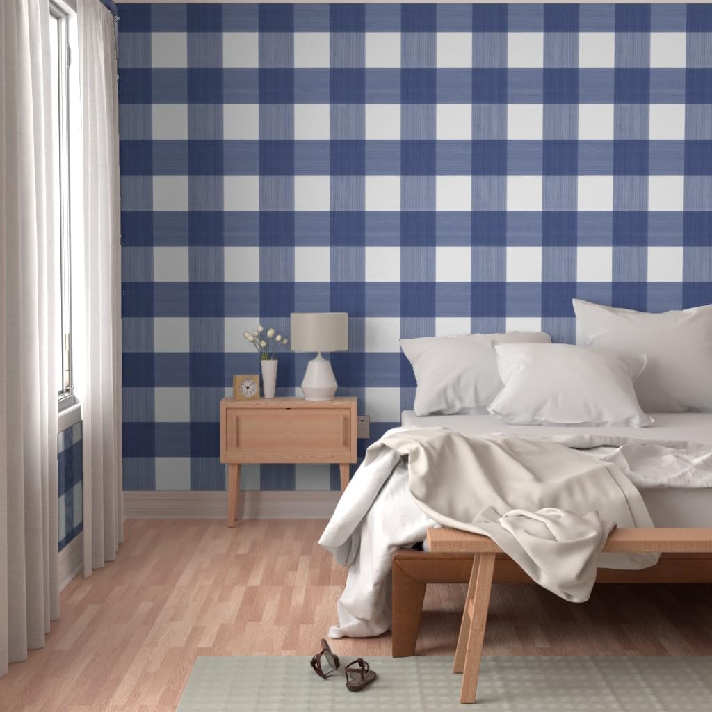 Peel & Stick Wallpaper 12ft x 2ft - Navy Buffalo Plaid Check Gingham Blue White Painted Large Custom Removable Wallpaper by Spoonflower