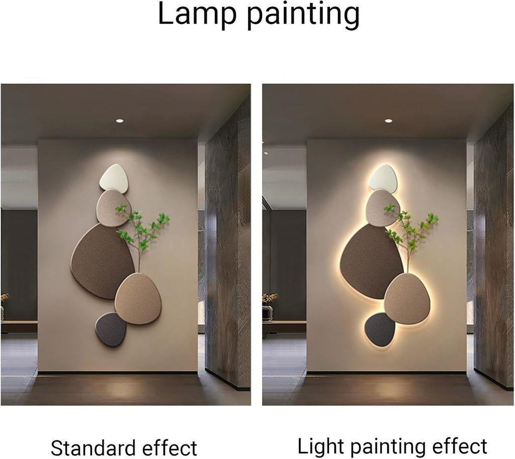 3D Crystal Porcelain Wall Art with LED Light, Entrance Decorative Painting with Faux Greenery, UV Carved Wall Art Sculpture for Living Room Hallway(Good Fortune A,50x100cm/19.7x39.4in)