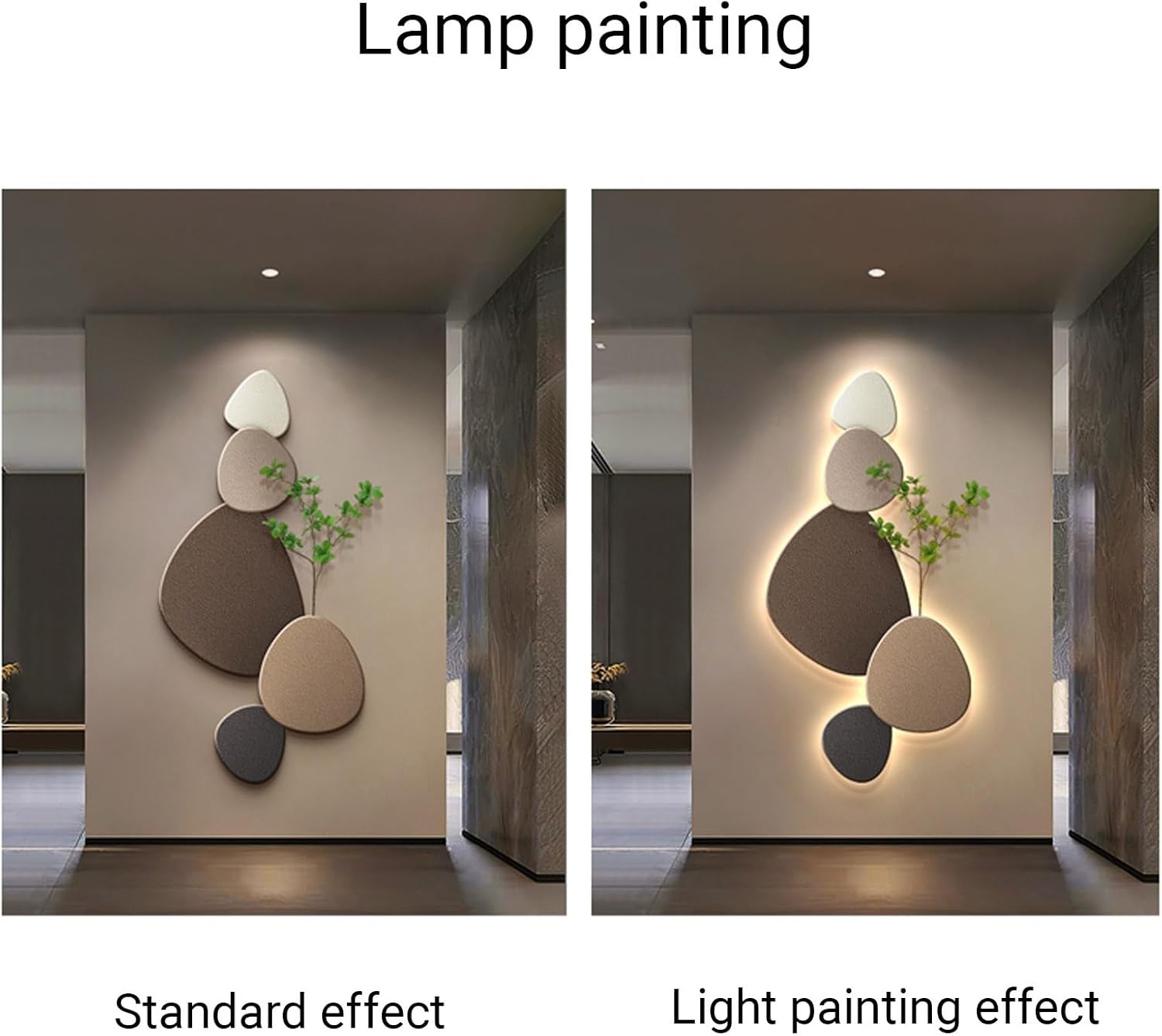 3D Crystal Porcelain Wall Art with LED Light, Entrance Decorative Painting with Faux Greenery, UV Carved Wall Art Sculpture for Living Room Hallway(Good Fortune A,50x100cm/19.7x39.4in)