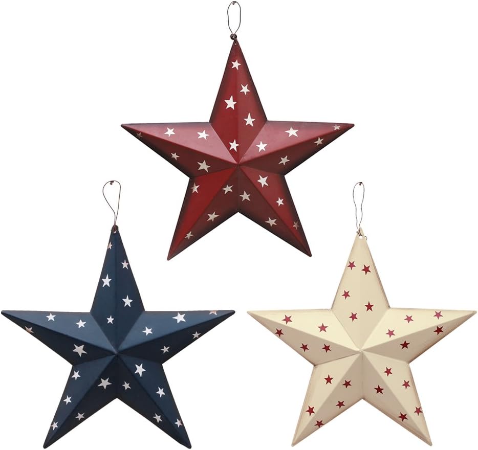 Patriotic Metal Barn Star Wall Decor Set of 3, 12’’ Hanging Country Rustic Metal Star for July 4th Decoration (3 Pack)
