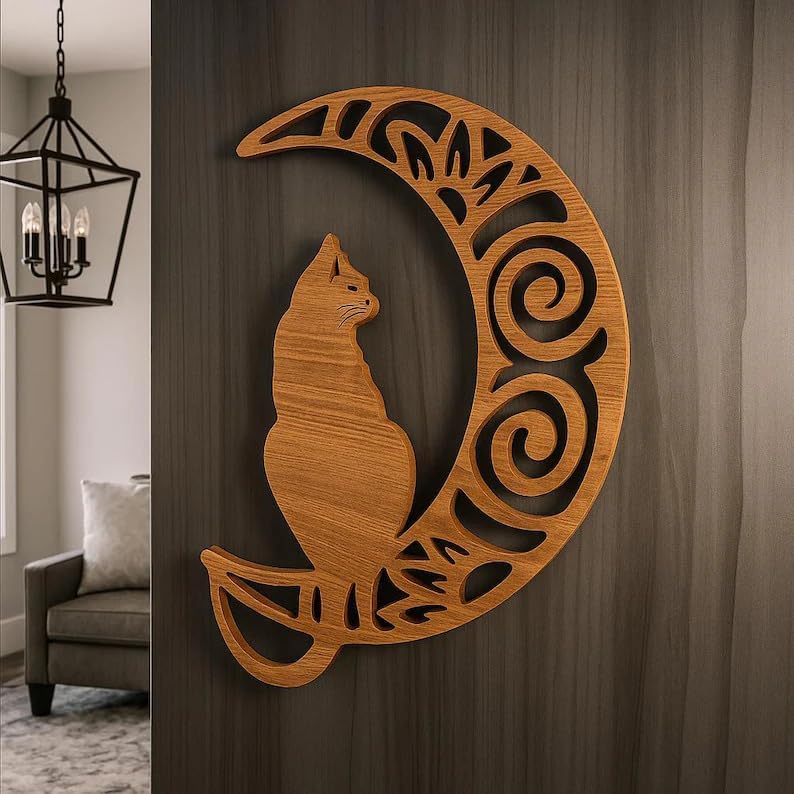MNCVXD Rustic Wooden on Moon Wall Decor, Boho Wood Wall Art for Living Room Bedroom Bathroom, Farmhouse Silhouette Wall Hanging for Home Decor, Cat Lover Gift