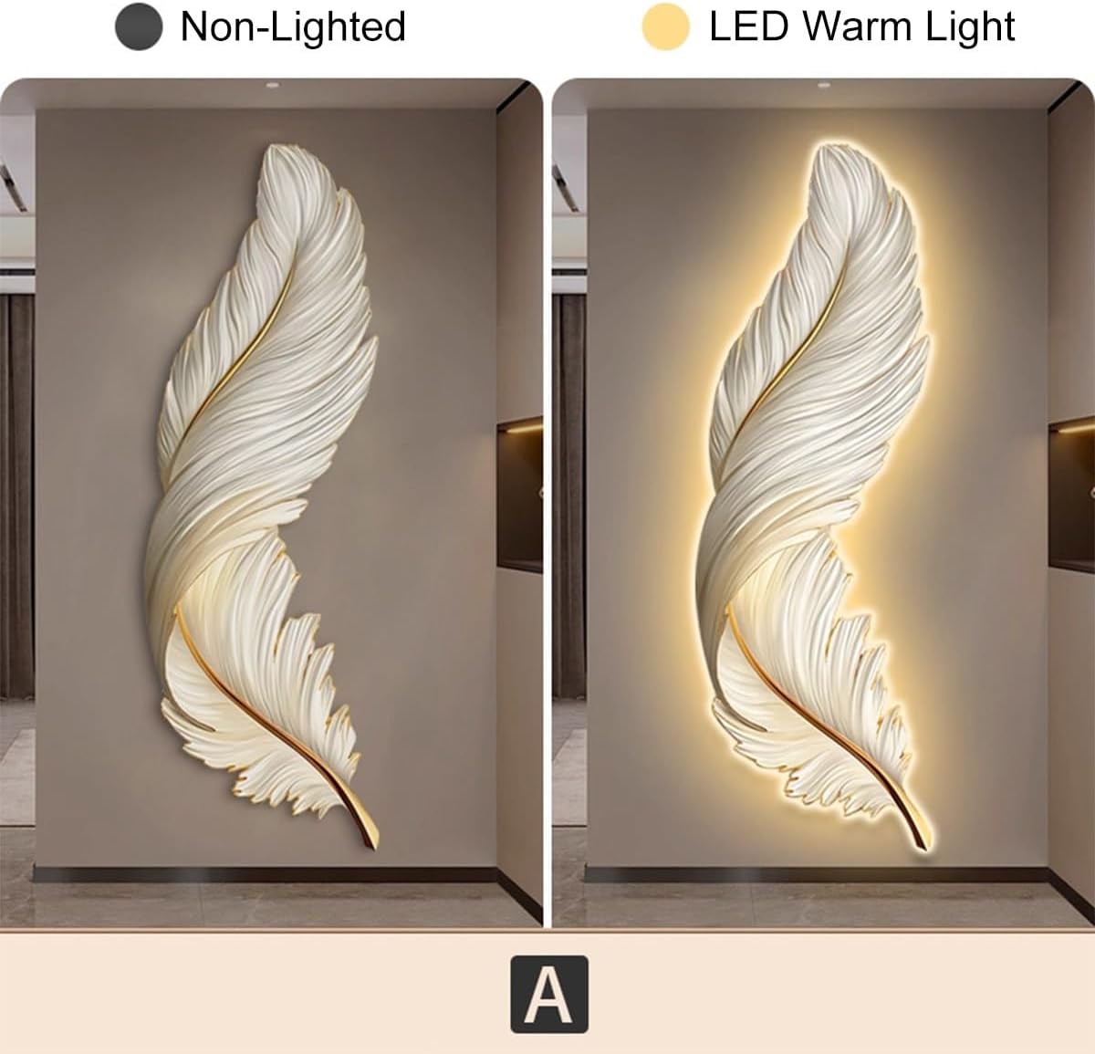 wihgony 3D Feather LED Wall Art with Plug-in Lighting, Modern Luxury Wall Decor for Entryway, Living Room & Bedroom(A,42x80cm/16.5x31.5in)