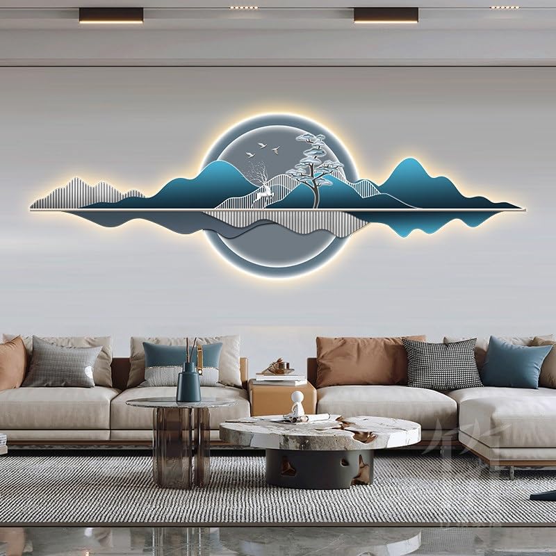 wihgony 3D LED Mountain Wall Art, Modern Luxury Chinese Style Wall Decor, Crystal Porcelain Frameless 3D Wall Sculpture with LED Light for Living Room Bedroom(E,150 * 50cm/59.1 * 19.7in)