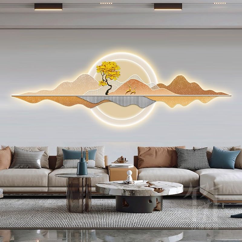 wihgony 3D LED Mountain Wall Art, Modern Luxury Chinese Style Wall Decor, Crystal Porcelain Frameless 3D Wall Sculpture with LED Light for Living Room Bedroom(E,150 * 50cm/59.1 * 19.7in)