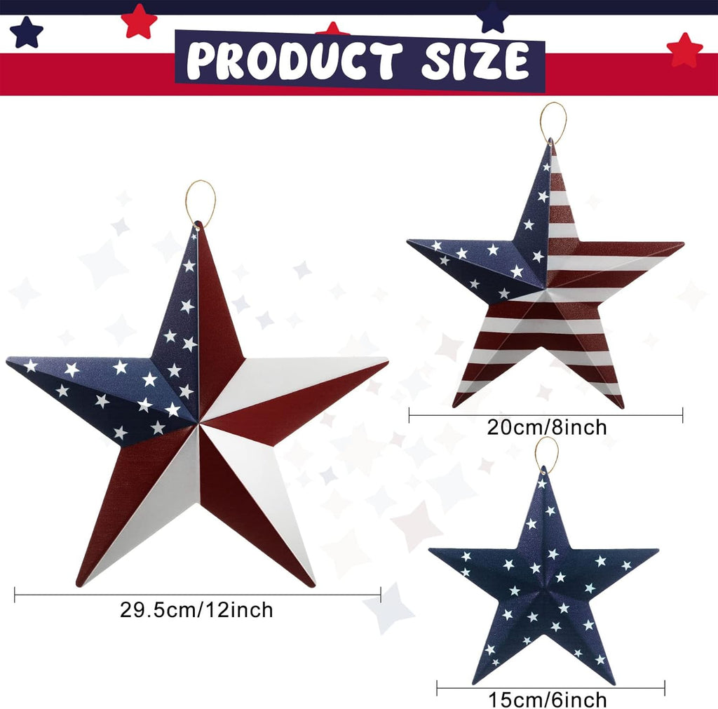 Funrous 3 Pcs Memorial Day Decorations Outdoor 12'' 8'' and 6'' Patriotic Metal Stars American Flag Stars 3D Wall Art Decor 4th of July Barn Star for Home Porch Yard