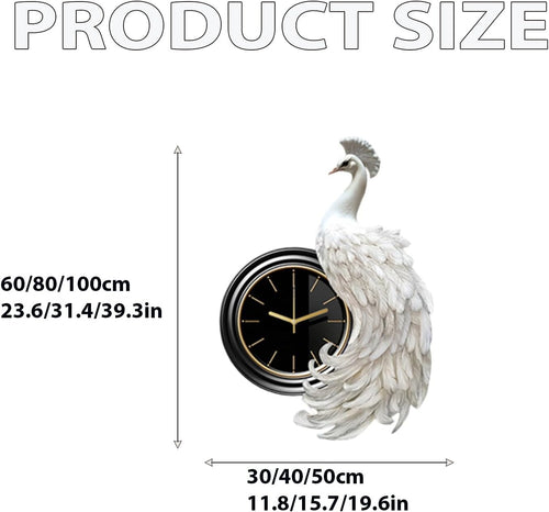 31.4in White Peacock LED Wall Art with Silent Clock Metal Sculpture