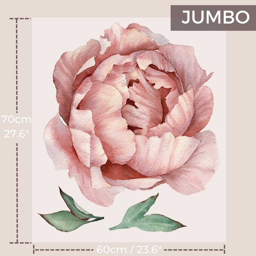 Wonder Space Jumbo Peony Watercolor Wall Decals - Large Size Peonies Flowers Leaves Room Wall Stickers - Scandinavian Design - Beige/White - Matte Opaque Version