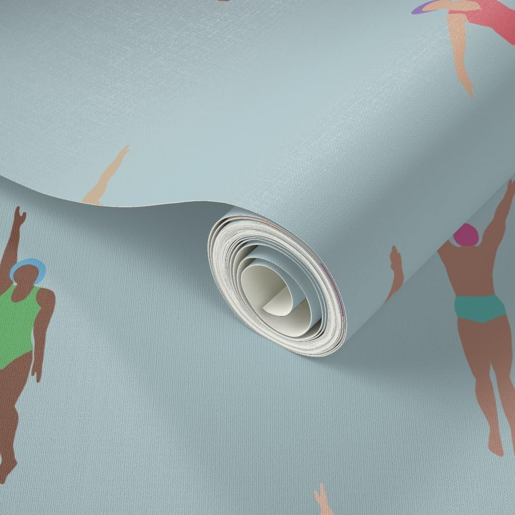 Spoonflower Peel & Stick Wallpaper 3ft x 2ft - Swimming Pool Summer Holiday Swimmers Vacation Aquatic Water Sea Ocean Blue Bathing Suit Custom Removable Wallpaper