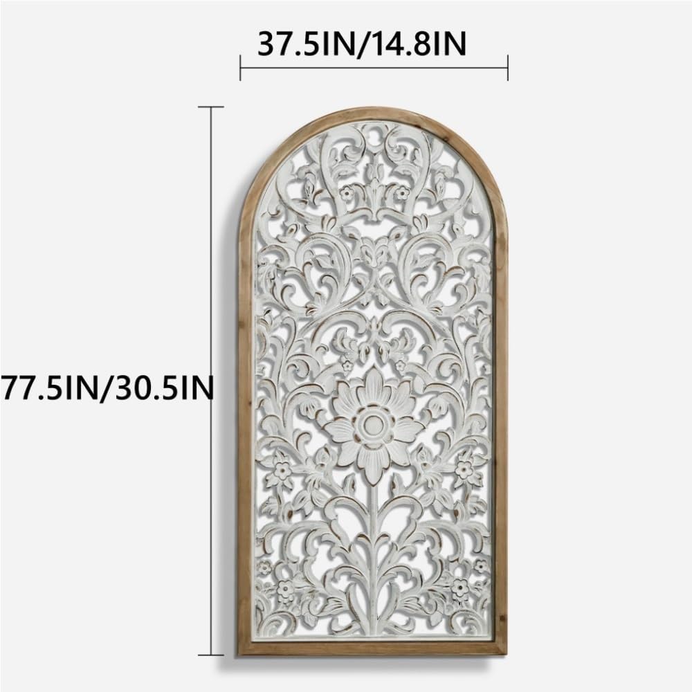 Distressed White Hand Carved Floral Wood Arched Wall Decor Farmhouse Style