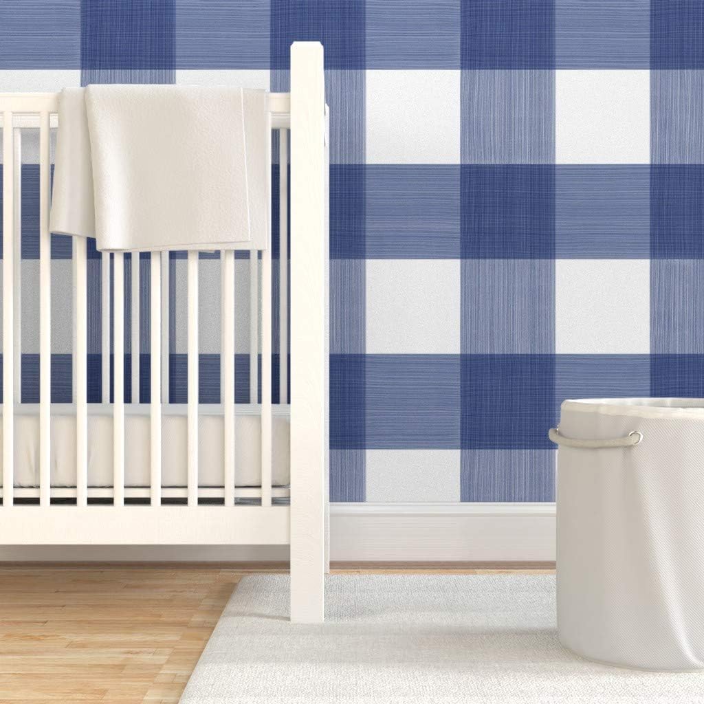 Peel & Stick Wallpaper 12ft x 2ft - Navy Buffalo Plaid Check Gingham Blue White Painted Large Custom Removable Wallpaper by Spoonflower