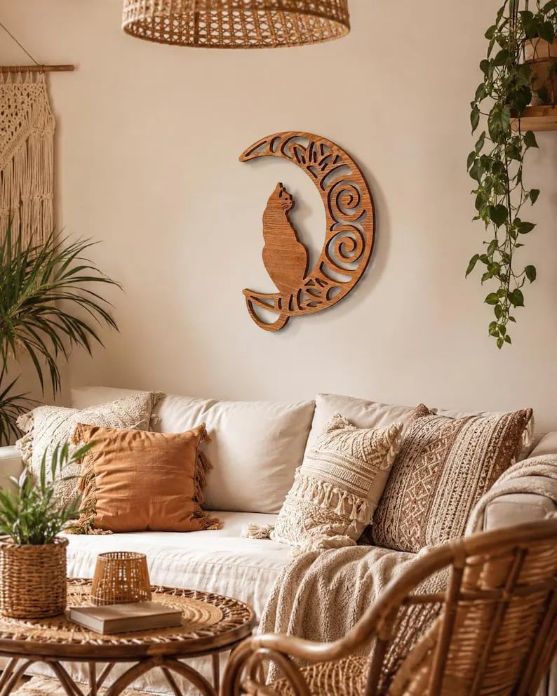 MNCVXD Rustic Wooden on Moon Wall Decor, Boho Wood Wall Art for Living Room Bedroom Bathroom, Farmhouse Silhouette Wall Hanging for Home Decor, Cat Lover Gift