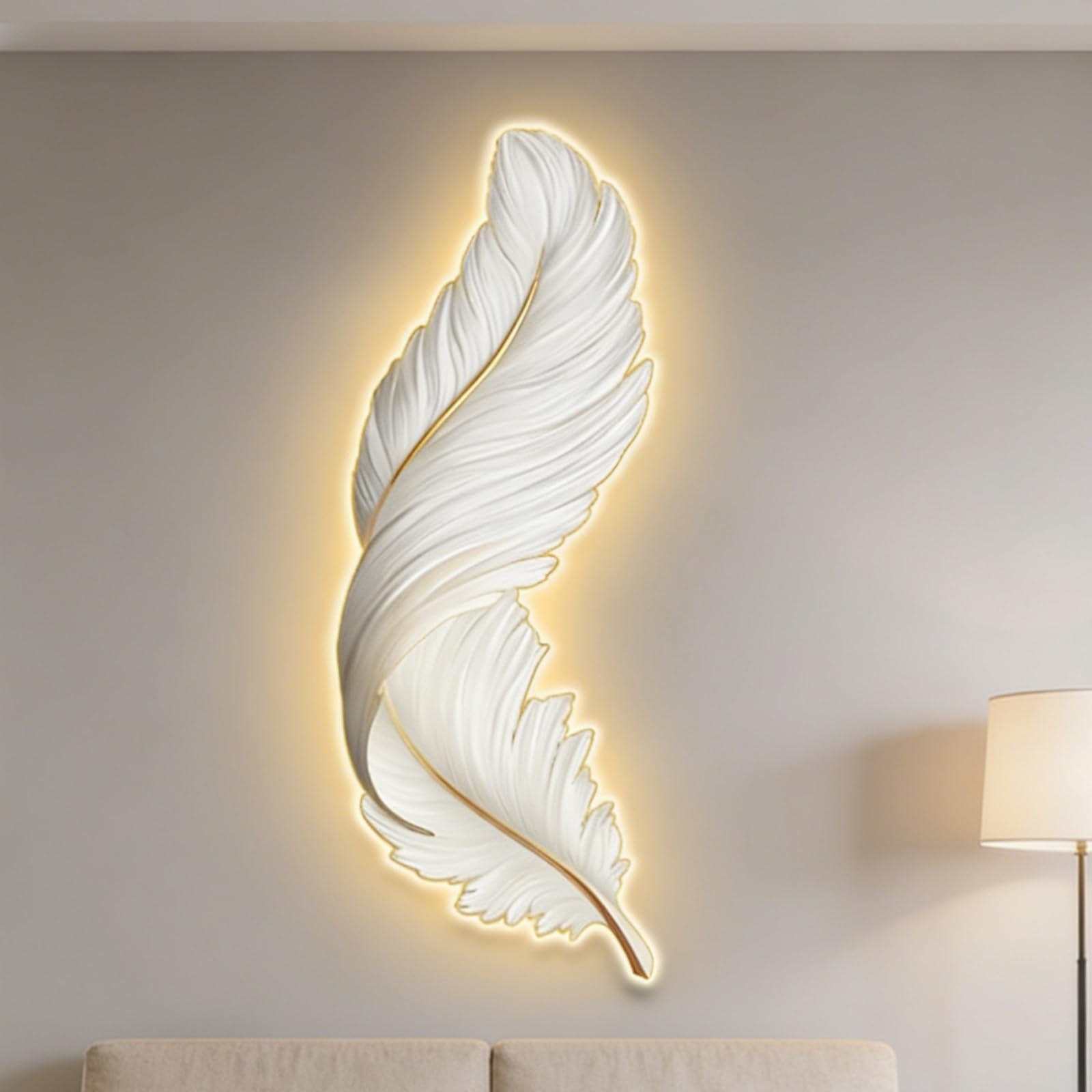 wihgony 3D Feather LED Wall Art with Plug-in Lighting, Modern Luxury Wall Decor for Entryway, Living Room & Bedroom(A,42x80cm/16.5x31.5in)
