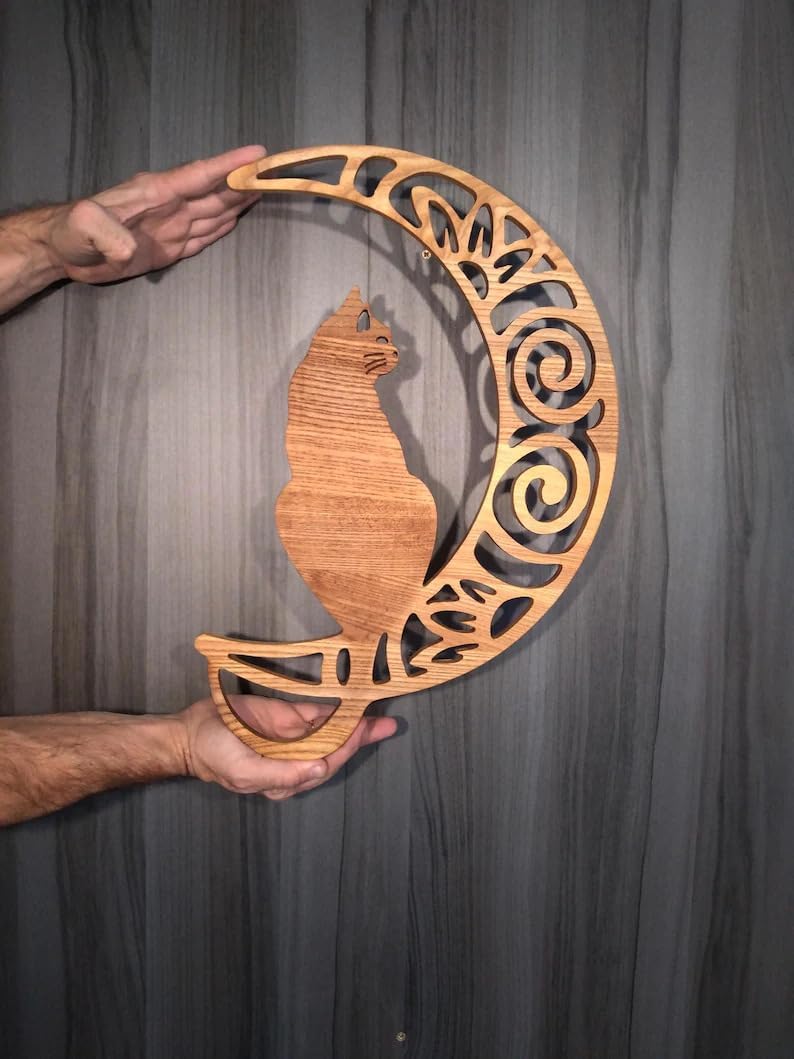 MNCVXD Rustic Wooden on Moon Wall Decor, Boho Wood Wall Art for Living Room Bedroom Bathroom, Farmhouse Silhouette Wall Hanging for Home Decor, Cat Lover Gift