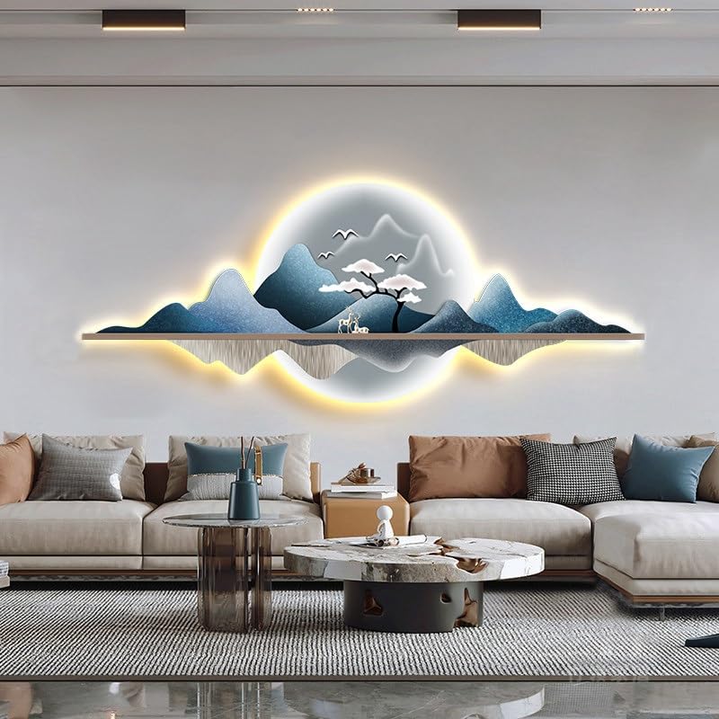 wihgony 3D LED Mountain Wall Art, Modern Luxury Chinese Style Wall Decor, Crystal Porcelain Frameless 3D Wall Sculpture with LED Light for Living Room Bedroom(E,150 * 50cm/59.1 * 19.7in)