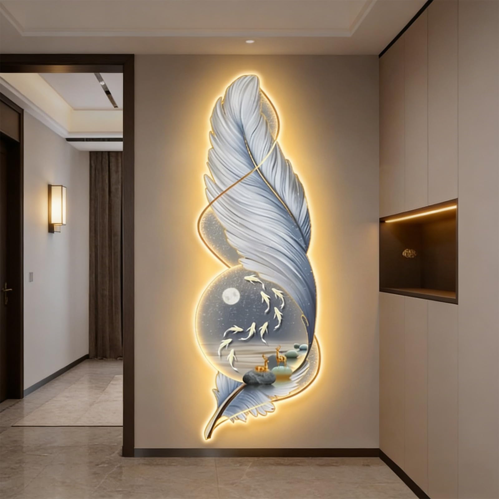 wihgony 3D Feather LED Wall Art with Plug-in Lighting, Modern Luxury Wall Decor for Entryway, Living Room & Bedroom(A,42x80cm/16.5x31.5in)