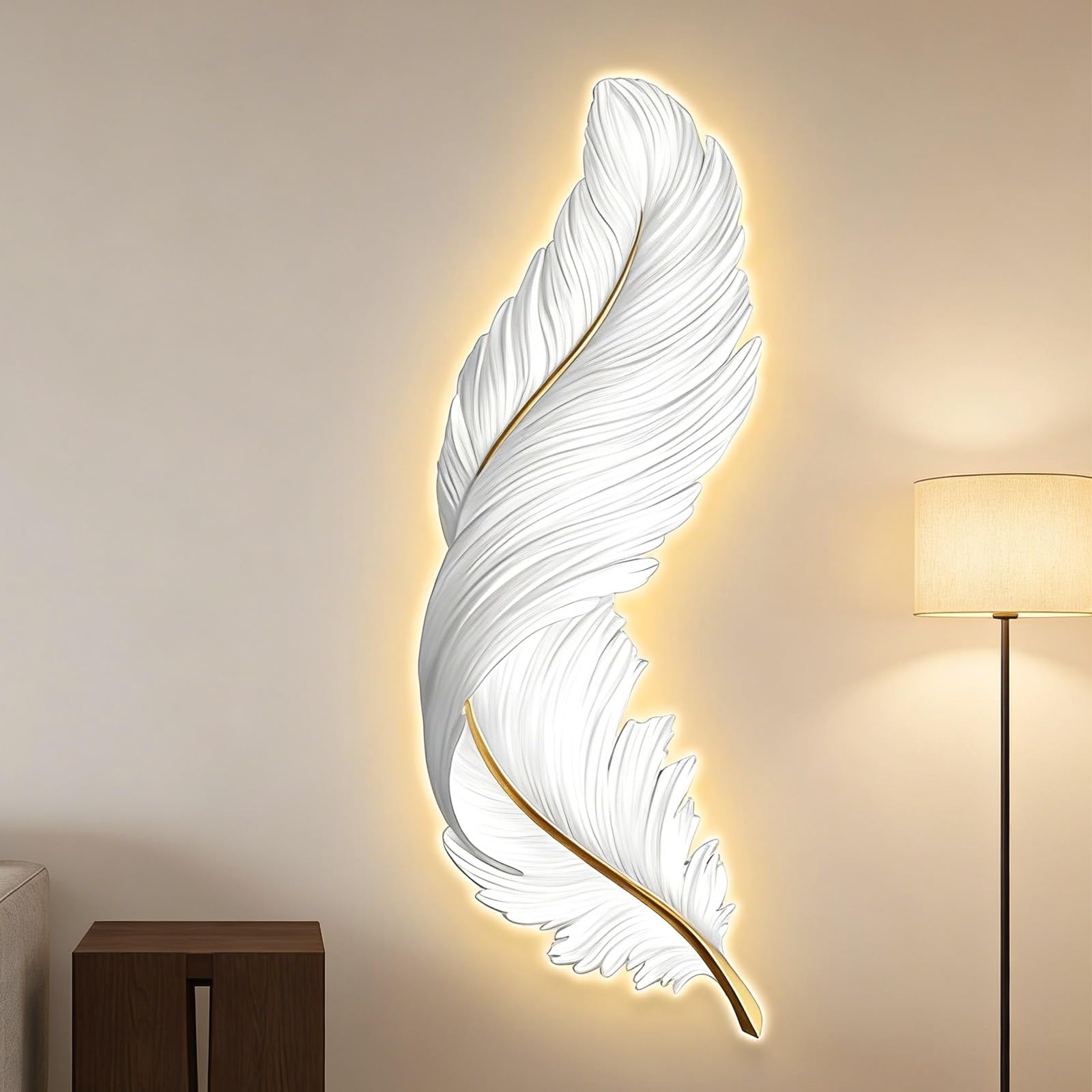 wihgony 3D Feather LED Wall Art with Plug-in Lighting, Modern Luxury Wall Decor for Entryway, Living Room & Bedroom(A,42x80cm/16.5x31.5in)