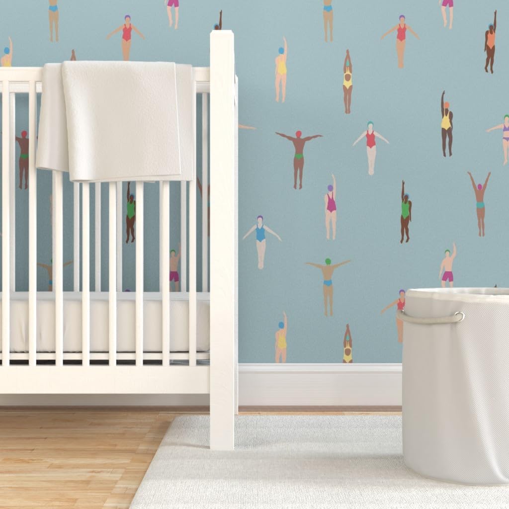 Spoonflower Peel & Stick Wallpaper 3ft x 2ft - Swimming Pool Summer Holiday Swimmers Vacation Aquatic Water Sea Ocean Blue Bathing Suit Custom Removable Wallpaper