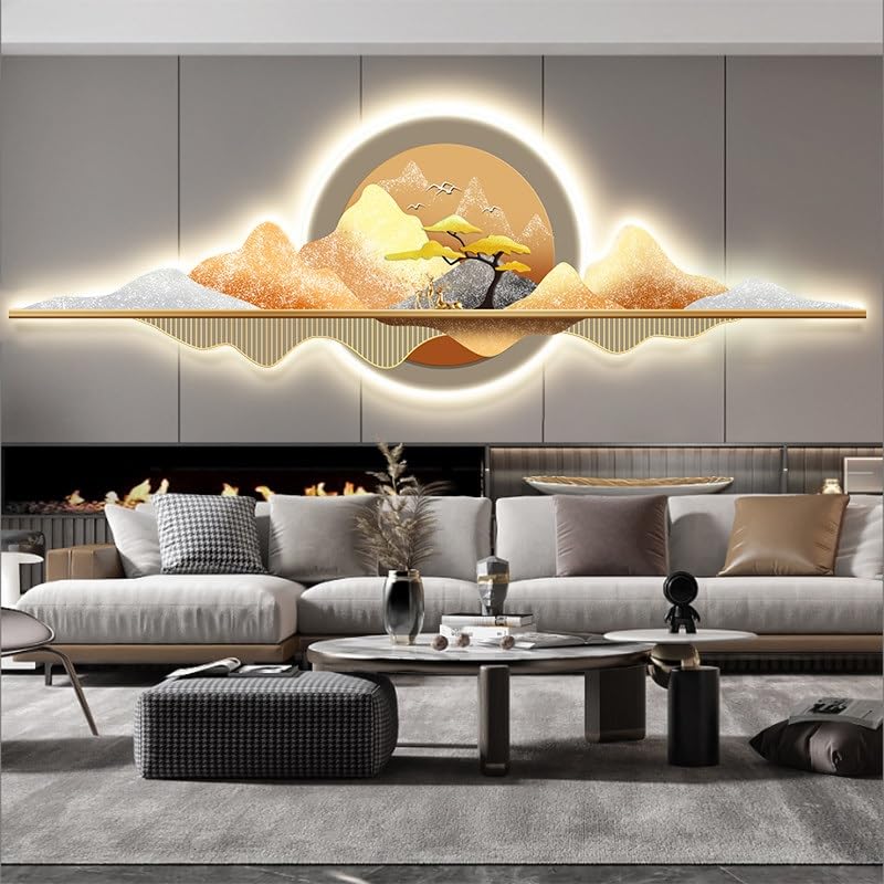 wihgony 3D LED Mountain Wall Art, Modern Luxury Chinese Style Wall Decor, Crystal Porcelain Frameless 3D Wall Sculpture with LED Light for Living Room Bedroom(E,150 * 50cm/59.1 * 19.7in)