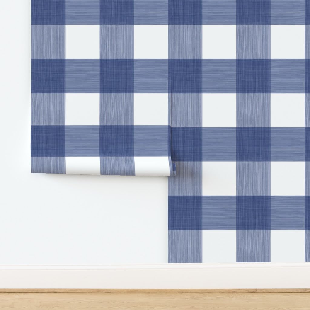 Peel & Stick Wallpaper 12ft x 2ft - Navy Buffalo Plaid Check Gingham Blue White Painted Large Custom Removable Wallpaper by Spoonflower