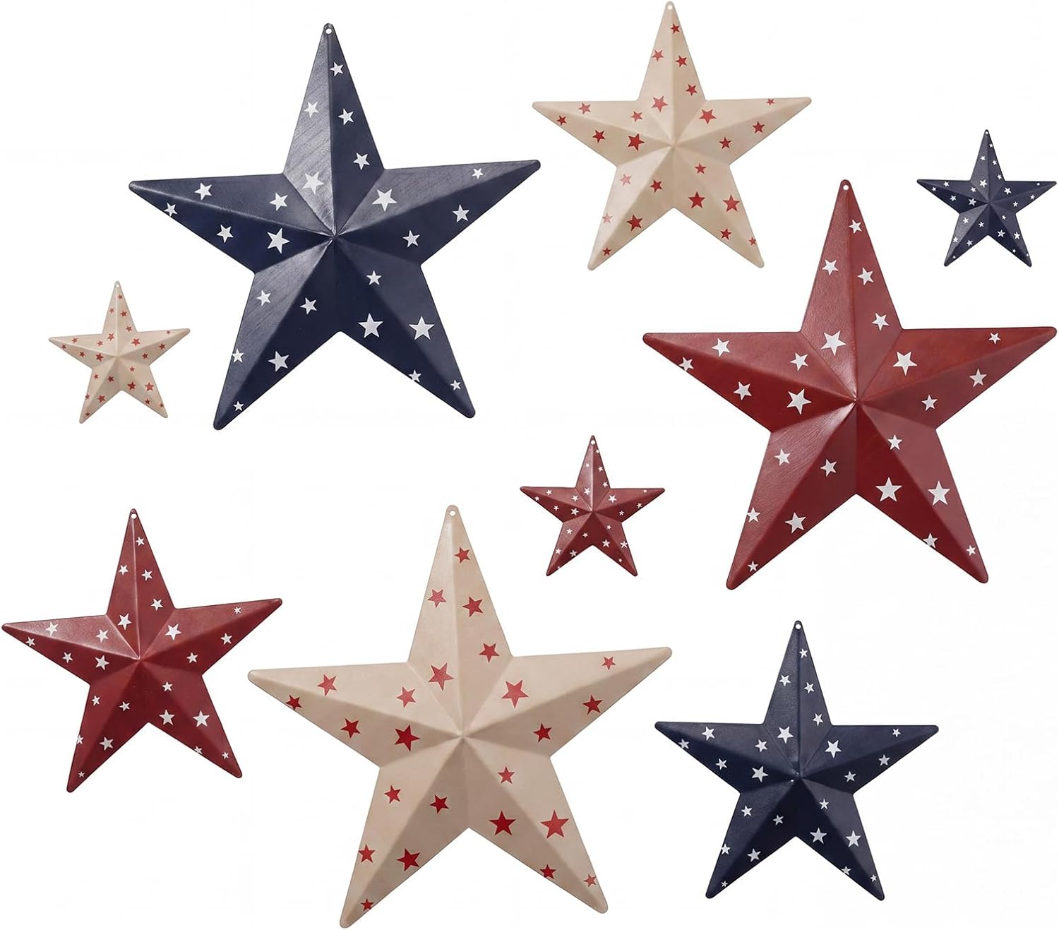 Hotop 9 Pcs 4/8/12 Inch Metal Barn Stars Wall Decor Rustic Vintage Western Farmhouse Decoration Hanging Iron Star Art for Crafts Home Independence Day Indoor Outdoor (Red Blue White,Bright)