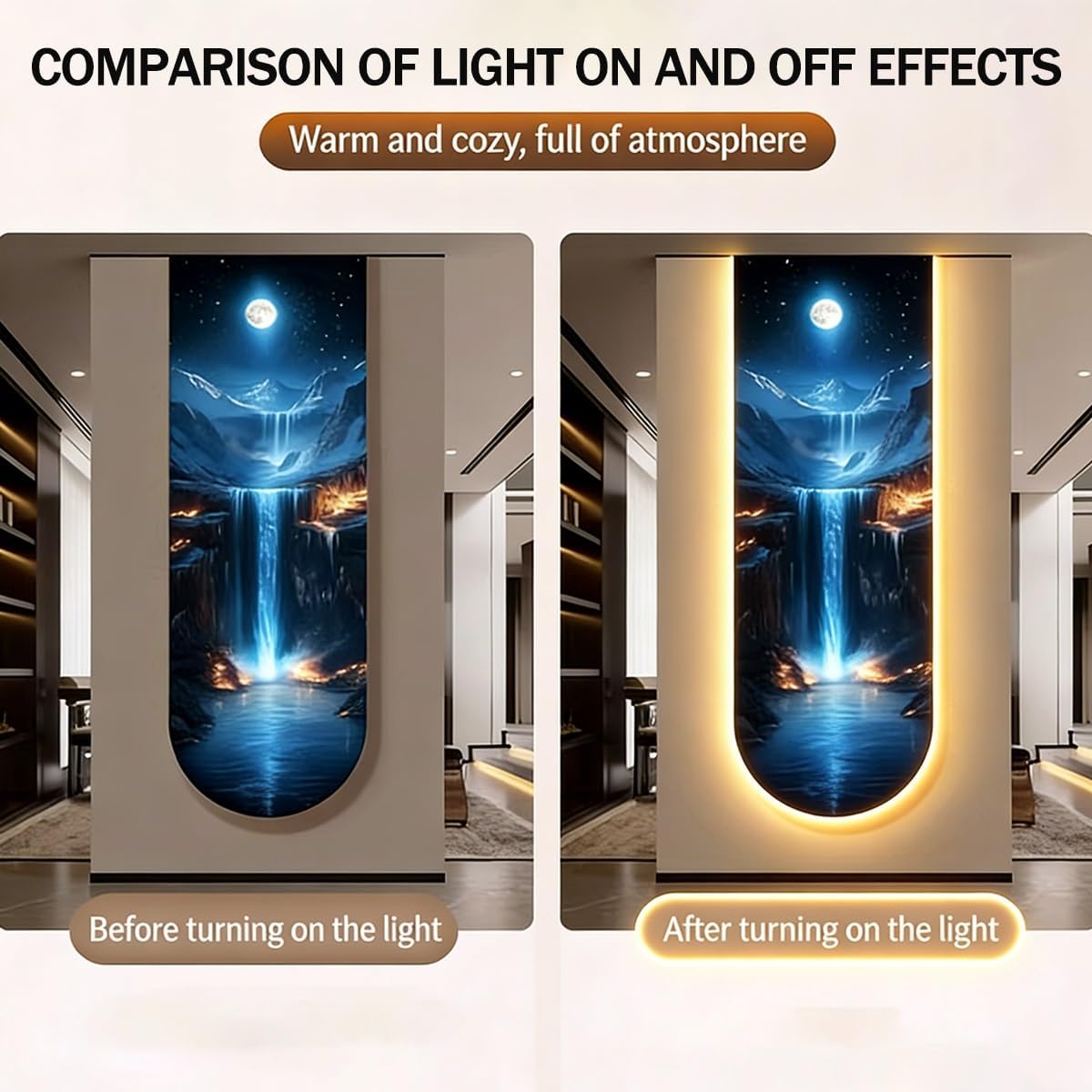 3D LED Wall Art, Moon Waterfall Vertical LED Wall Decor with Crystal Porcelain Large Wall Art for Entryway Living Room(C,40 * 120cm/15.75"*47.24"in)