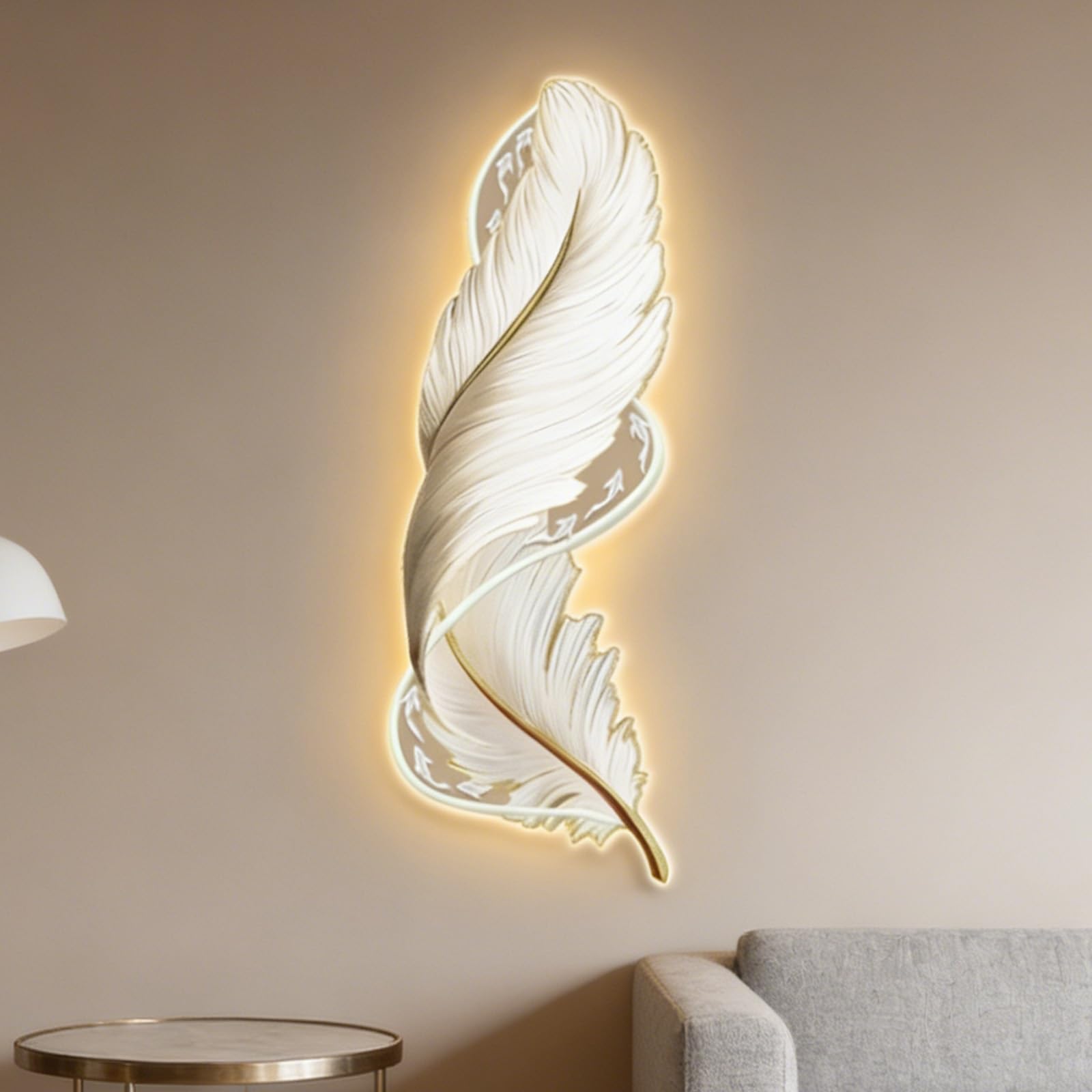 wihgony 3D Feather LED Wall Art with Plug-in Lighting, Modern Luxury Wall Decor for Entryway, Living Room & Bedroom(A,42x80cm/16.5x31.5in)