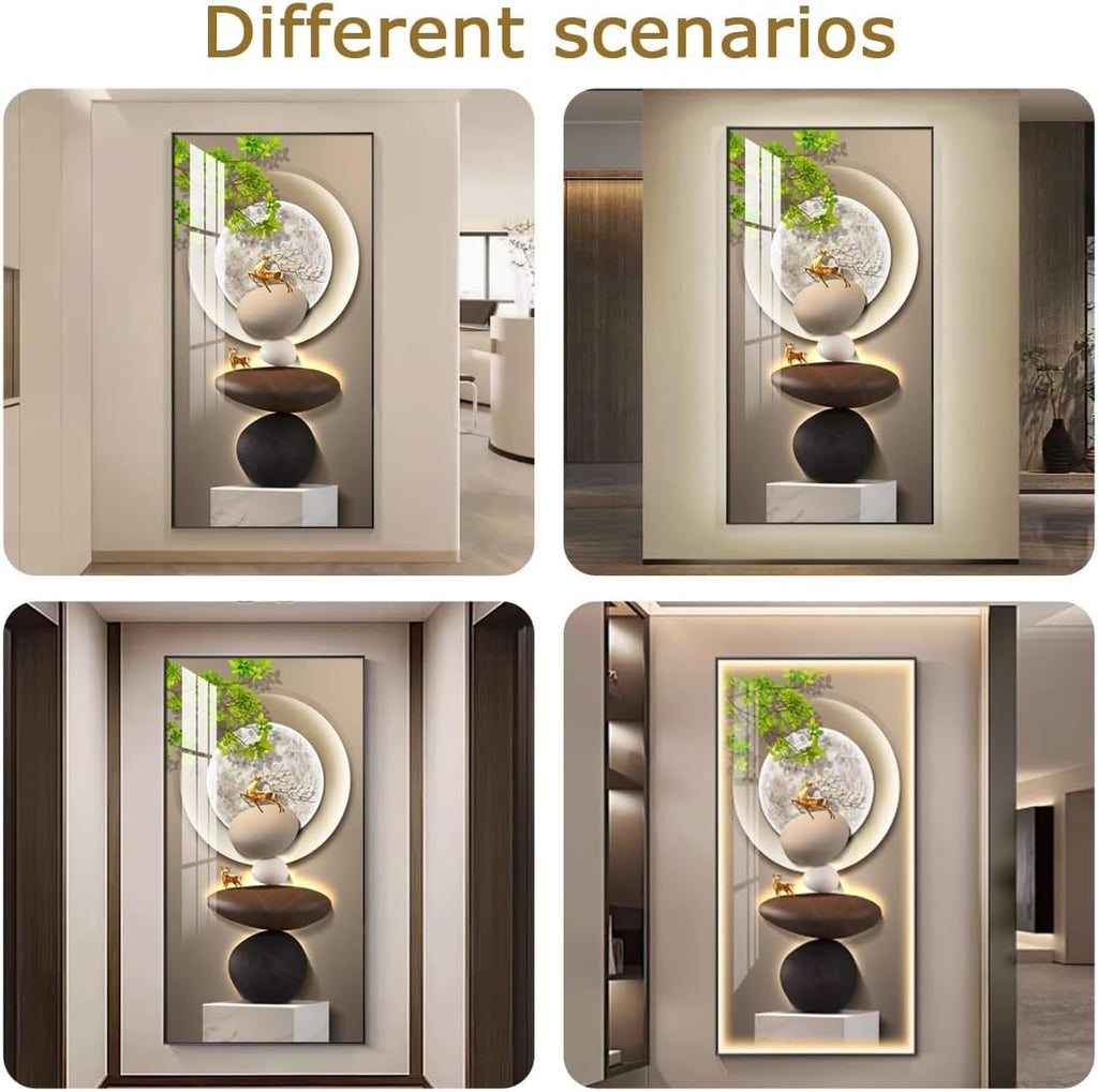 3D Led Wall Art Painting, 3D Wall Art Decor Stone Landscape Mural, Modern Luxury Decorative, for Living Room Bedroom Entrance Office Decor(Black Frame,35.4 * 70.9in)
