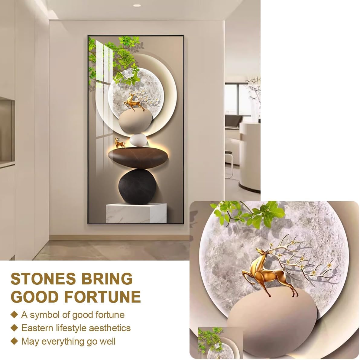 3D Led Wall Art Painting, 3D Wall Art Decor Stone Landscape Mural, Modern Luxury Decorative, for Living Room Bedroom Entrance Office Decor(Black Frame,35.4 * 70.9in)