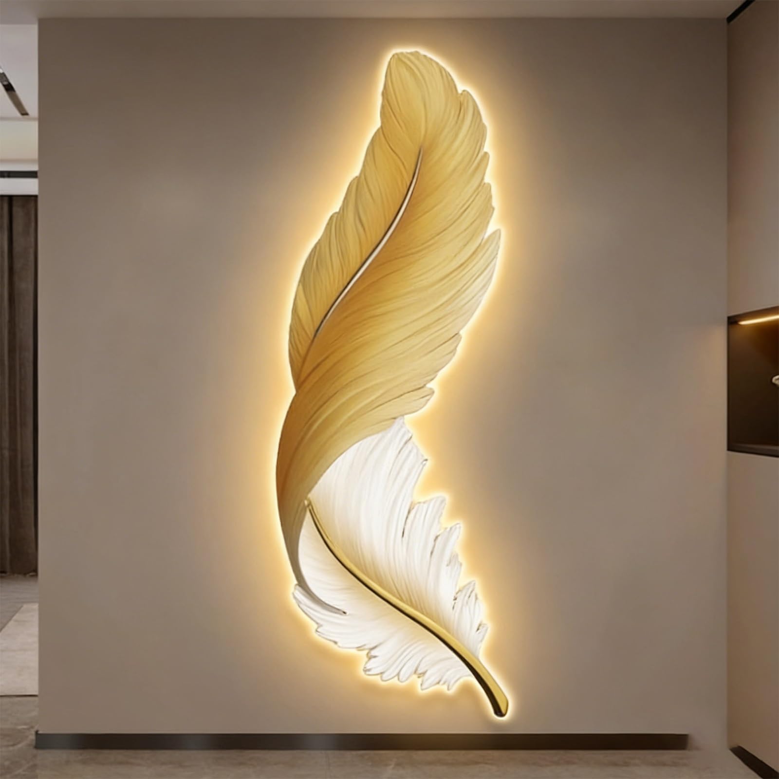 wihgony 3D Feather LED Wall Art with Plug-in Lighting, Modern Luxury Wall Decor for Entryway, Living Room & Bedroom(A,42x80cm/16.5x31.5in)