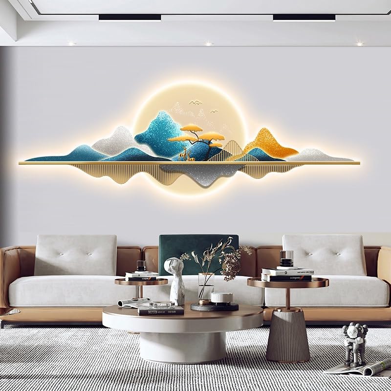 wihgony 3D LED Mountain Wall Art, Modern Luxury Chinese Style Wall Decor, Crystal Porcelain Frameless 3D Wall Sculpture with LED Light for Living Room Bedroom(E,150 * 50cm/59.1 * 19.7in)